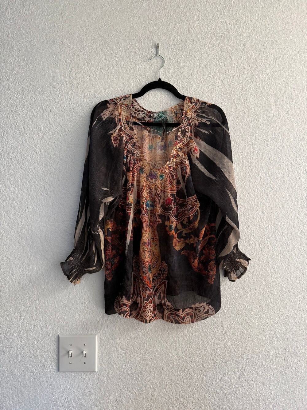 Boho Jewel Print Chiffon Peasant Blouse